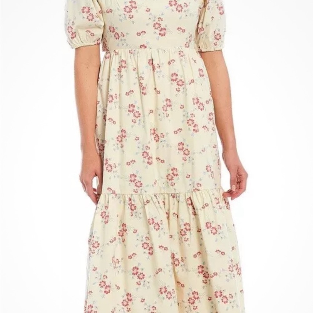 WAYF Whisper Cottage-Core‎ Square Neck Back Tie Ivory Floral Print Ivory Sz S - Picture 2 of 16